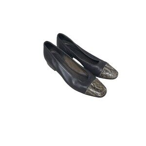 VANELi Shoe Womens Sz 7.5 Black Nappa Brown Snake Skin Print Ballet Flats
